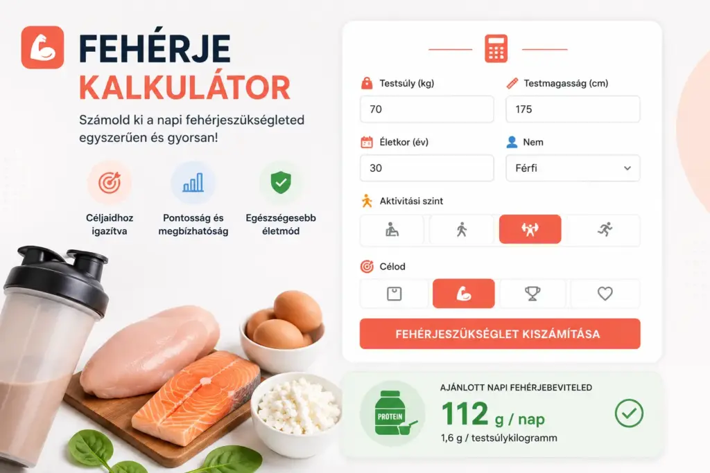 Fehérje kalkulátor napi fehérjeszükséglet számítással, protein bevitel és egészséges fehérjeforrások megjelenítésével
